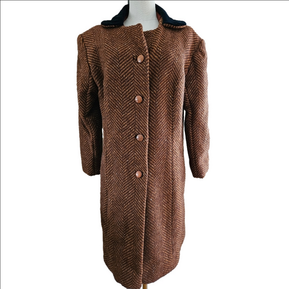 Vintage Brown Wool Chevron Button-Up Velvet Collar Long Coat - Picture 1 of 6